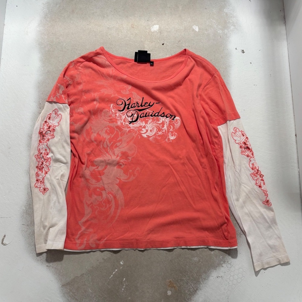 Harley-Davidson Womens XL Coral Pink Layered Graphic Long Sleeve Top Floral